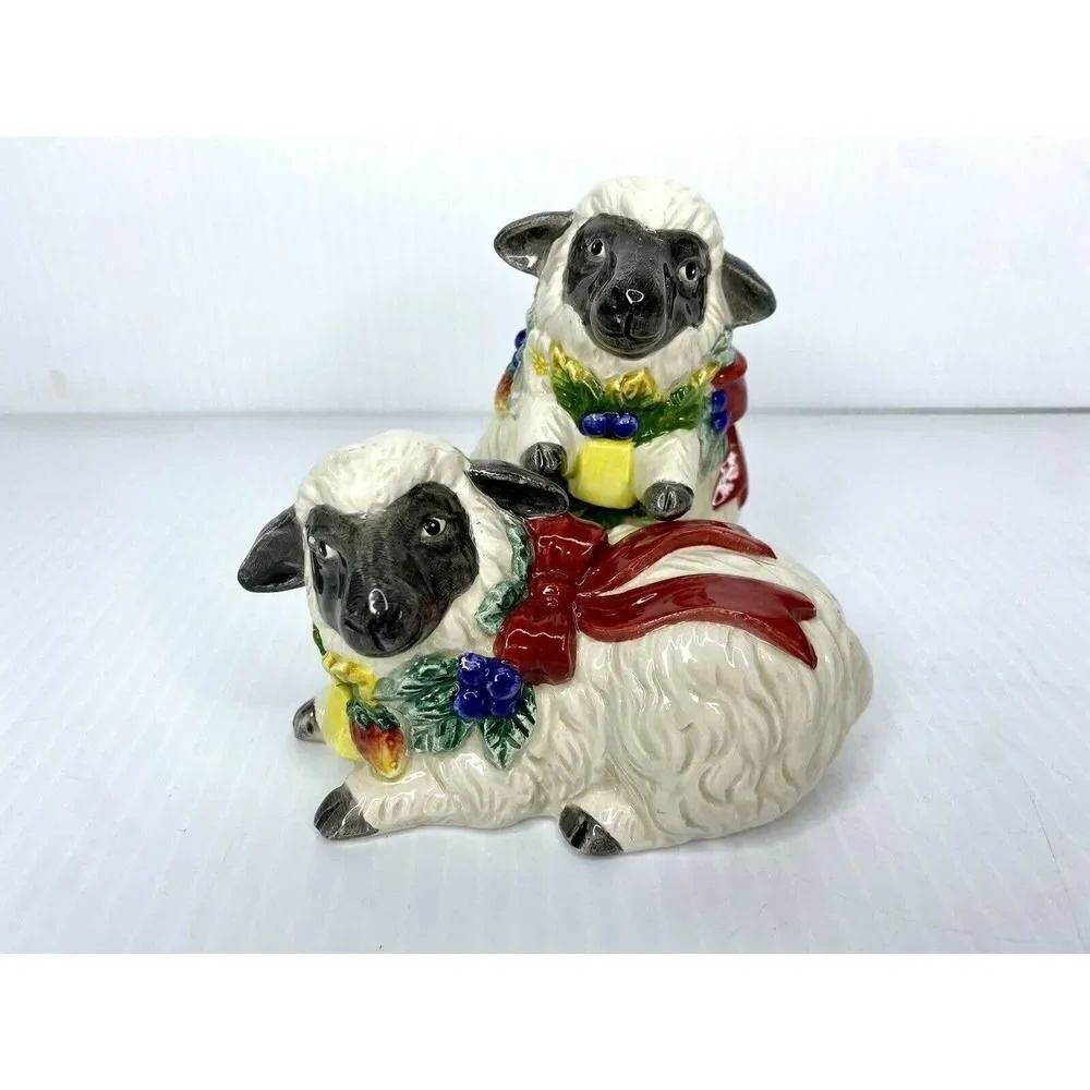 Vintage 1995 Fitz and Floyd Berries Ribbon Holiday Sheep Salt Pepper Shaker Set